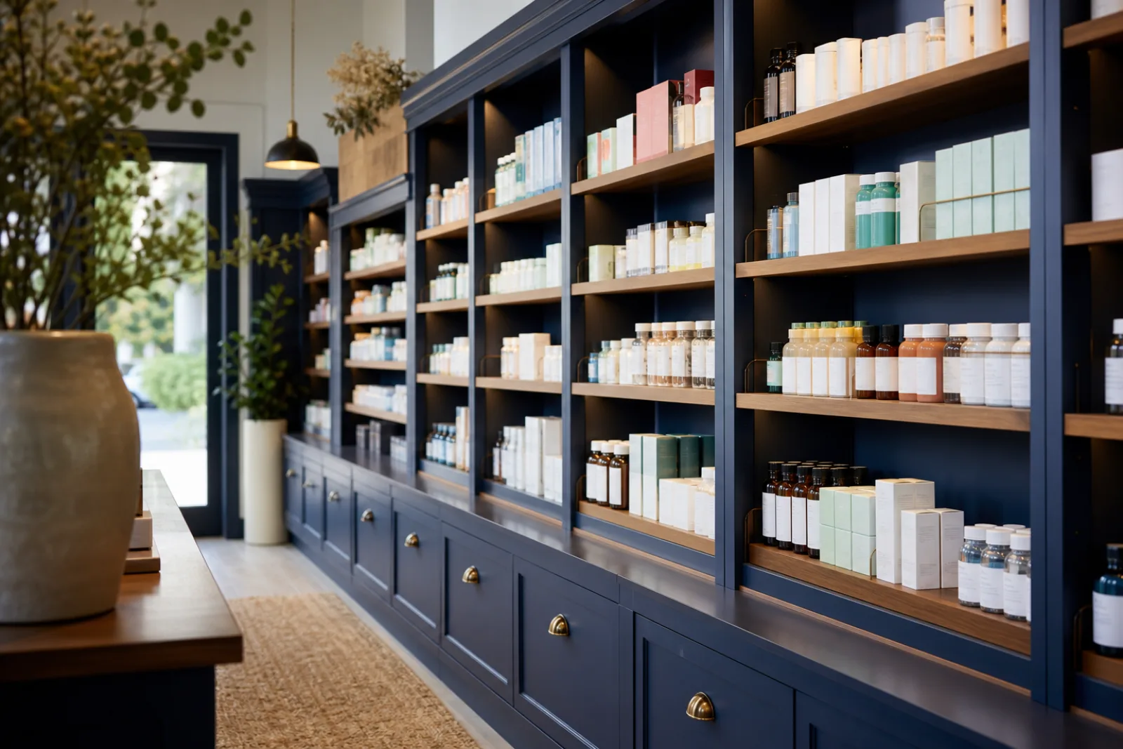 Well-stocked pharmacy shelves